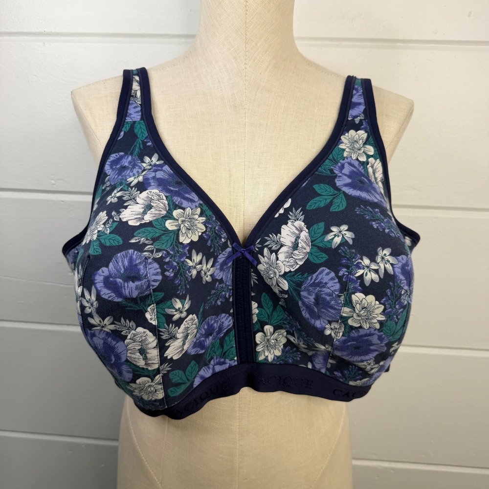 Cacique Navy Blue Floral Wireless Lightly Lined No Wire Bra 48DDD Lane Bryant